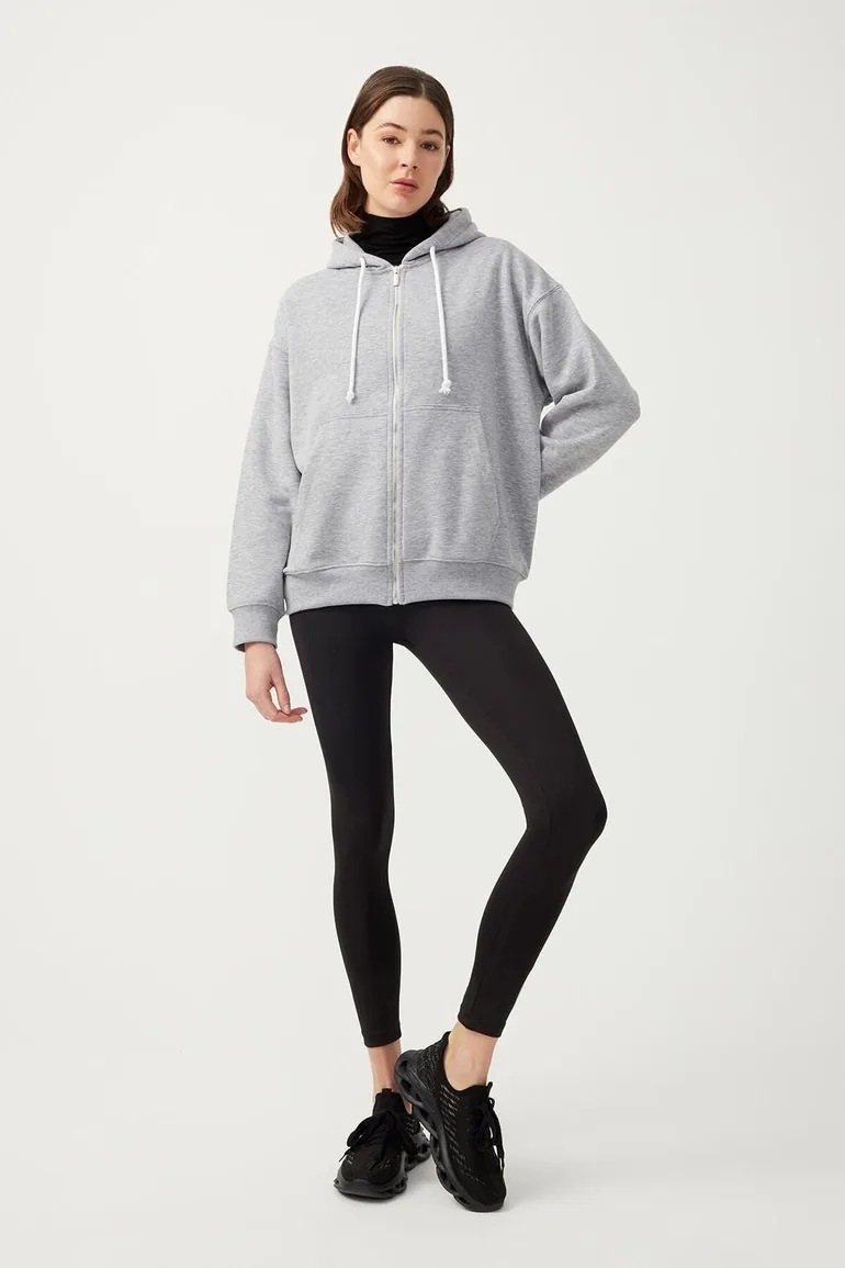 Women's Melange Gray Hooded Oversized Rayon Zipper Knitted Sweatshirt. - 6