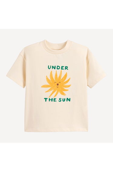 Oversized Crew Neck T-Shirt with Sunburst Print On Front and Short Sleeves
