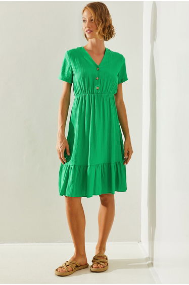 Women's V Neck Muslin Fabric Short Sleeve Basic Dress
