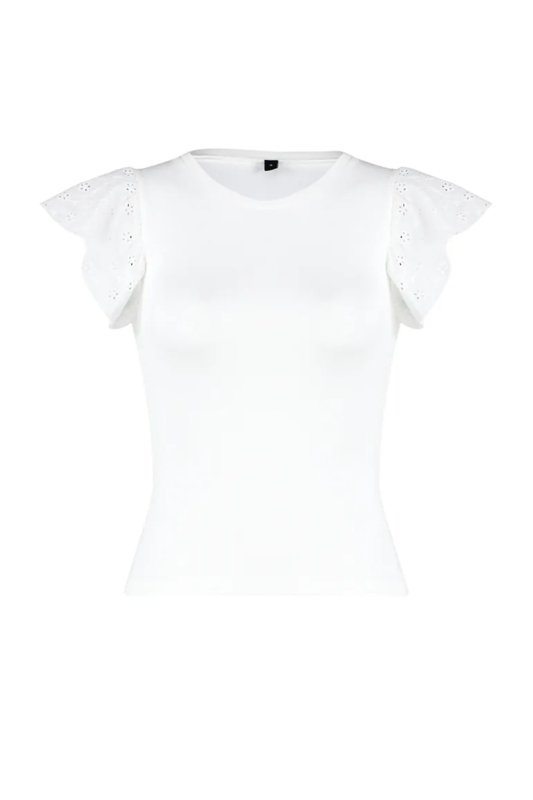Ecru Embroidered Fitted Viscose/Soft Fabric Stretchy Knitted Blouse - 6