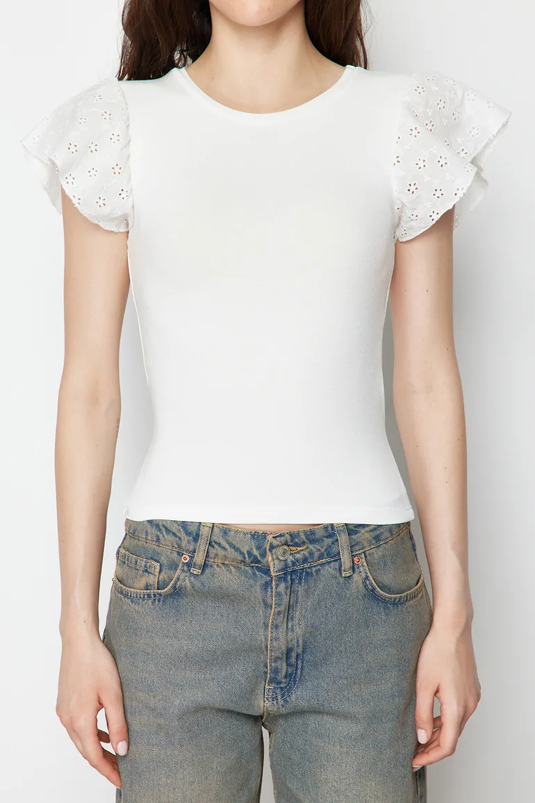 Ecru Embroidered Fitted Viscose/Soft Fabric Stretchy Knitted Blouse - 3