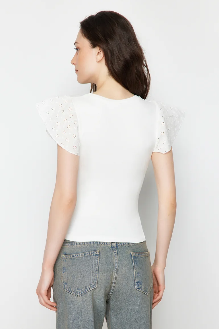 Ecru Embroidered Fitted Viscose/Soft Fabric Stretchy Knitted Blouse - 5