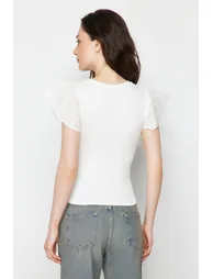 Ecru Embroidered Fitted Viscose/Soft Fabric Stretchy Knitted Blouse - 5