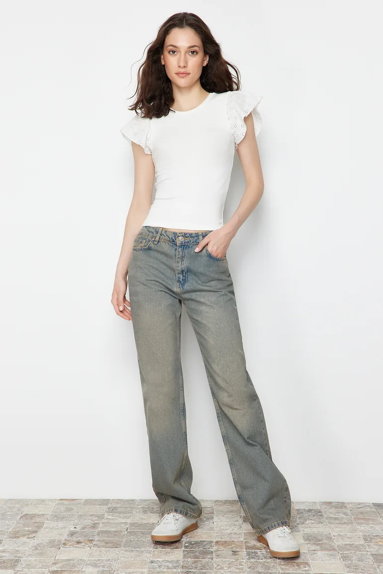 Ecru Embroidered Fitted Viscose/Soft Fabric Stretchy Knitted Blouse