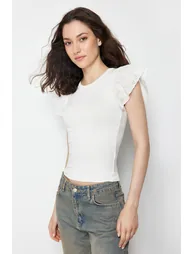 Ecru Embroidered Fitted Viscose/Soft Fabric Stretchy Knitted Blouse - 2