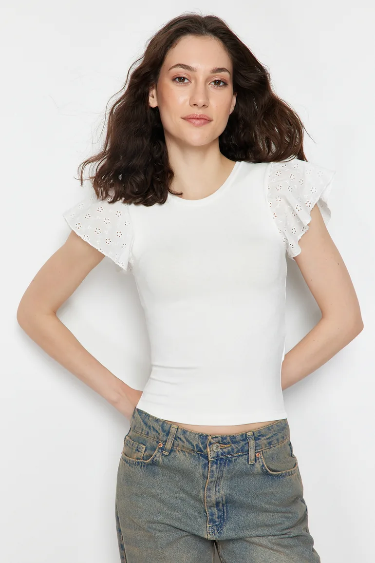 Ecru Embroidered Fitted Viscose/Soft Fabric Stretchy Knitted Blouse - 1