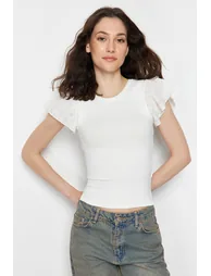 Ecru Embroidered Fitted Viscose/Soft Fabric Stretchy Knitted Blouse - 1