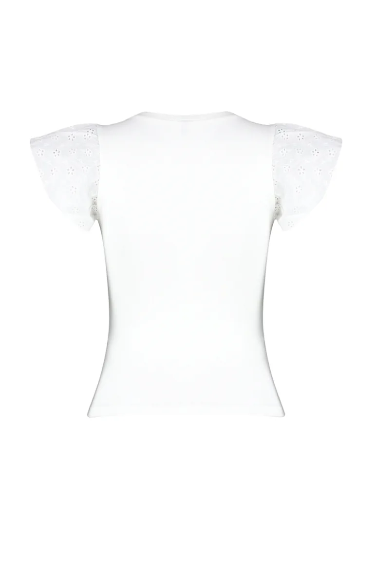 Ecru Embroidered Fitted Viscose/Soft Fabric Stretchy Knitted Blouse - 7
