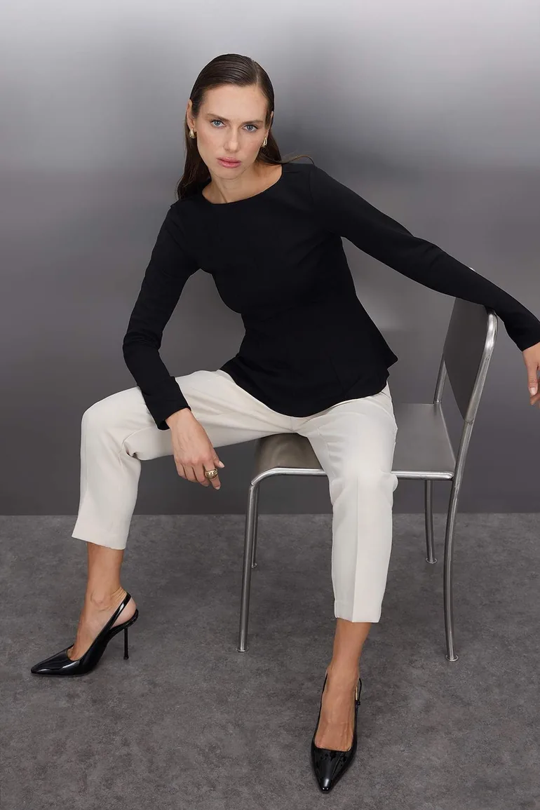 Black Boat Neck Peplum/Waisted Regular Length Knitted Blouse - 1