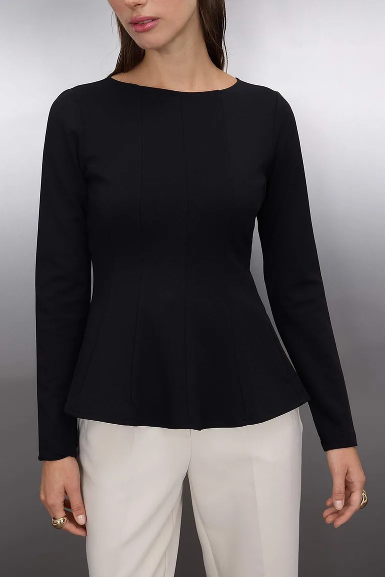 Black Boat Neck Peplum/Waisted Regular Length Knitted Blouse - 2