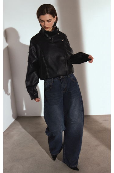 Black Funnel Neck Faux Leather Biker Jacket