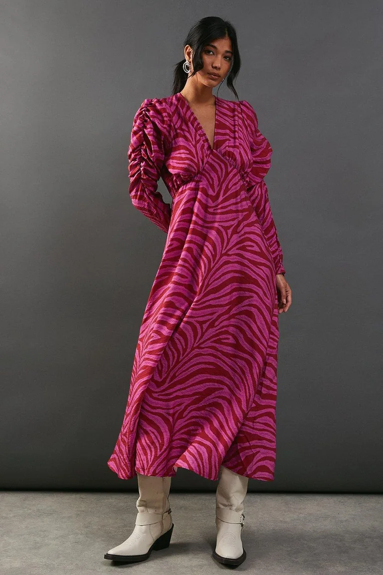 pink zebra print maxi dress Pink Zebra Print Long Puff Sleeve Midi Dress