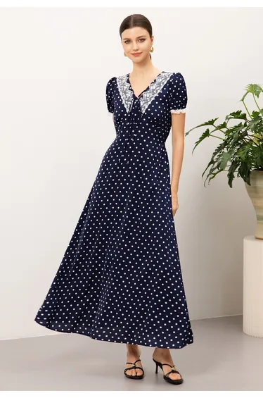 Polka Dot Lace-Inset Tie-String Maxi Dress in Navy for Afternoon Tea & Date Night