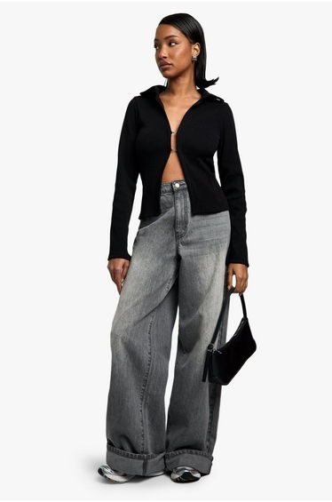 HEAVY RB COLLARED LONG SLEEVE TOP - black