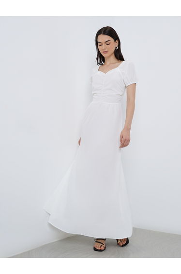 Solid Puff Sleeve Sweetheart Neck Dress