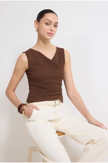 Brown Fitted/Flattering Double-Breasted Sleeveless Shirred Scuba Crepe Knitted Blouse