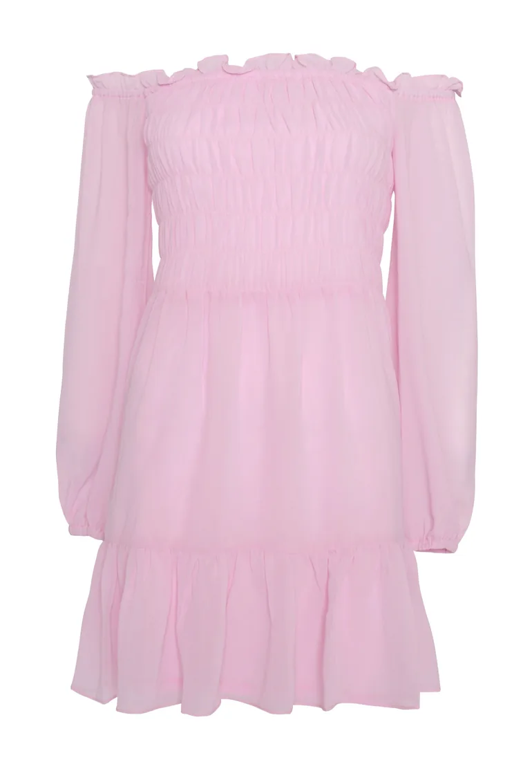 light pink bardot dress Aradia Sequin Halter Dress In Light Pink
