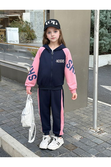 Girls Navy Color Block Hooded Jacket and Joggers Set