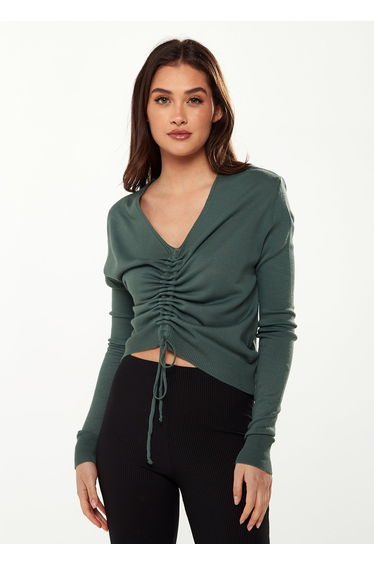 Women’s V-Neck Top with Ruching Detail in Green .