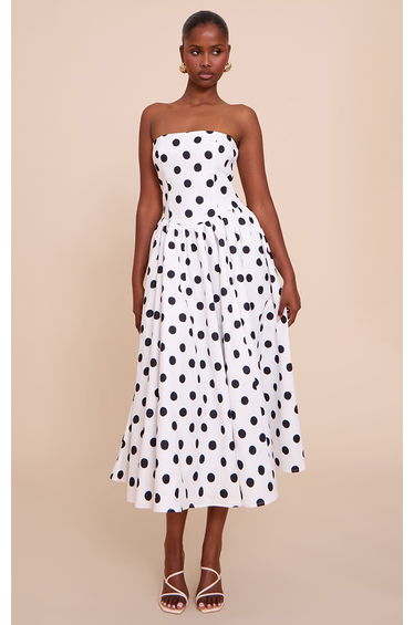 Monochrome Polka Dot Woven Bandeau Ruched Skater Midaxi Dress