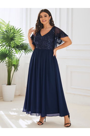 ever HAZEL|Short Sleeve V-Neck Sequin Chiffon A-Line Mother of the Bride Dress
