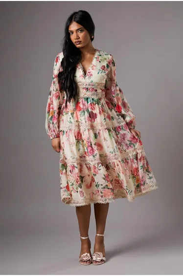 Petite Organza Long Sleeve Printed Lace Trim Dress