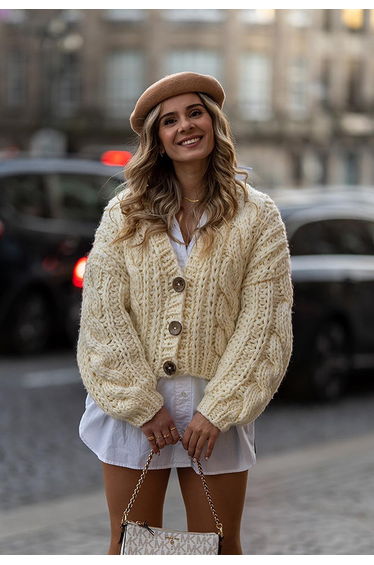 V-Neck Crop Hand-Knit Chunky Cardigan in Cream
