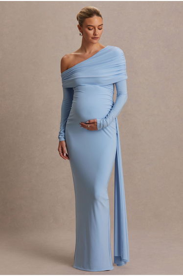 Amara | Powder Blue Asymmetric-Neck Maxi Dress With Sash Detail