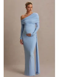 Amara | Powder Blue Asymmetric-Neck Maxi Dress With Sash Detail