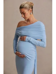 Amara | Powder Blue Asymmetric-Neck Maxi Dress With Sash Detail - 4