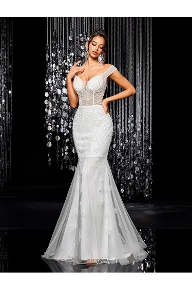 Modecrush Mermaid Off-Shoulder Beads & Tulle, Embroidered Dress