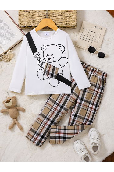 Boys Bear Graphic T-shirt and Checked Pants Set