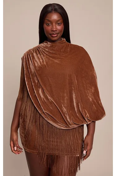Plus Golden Brown Velvet Cape Tassel Hem Mini Dress