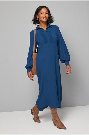 Woven Pintuck Detail Trapeze Shirt Dress