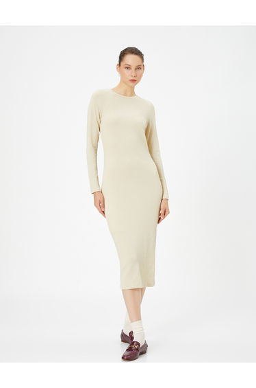Maxi Column Dress Long Sleeve Round Neck Lined Slit Detail