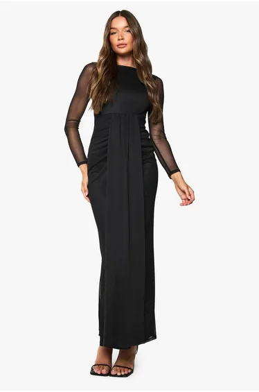 Mesh Drape Detail Maxi Dress - black