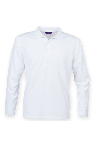 Henbury Mens Coolplus Moisture Wicking Long Sleeve Polo Shirt - White