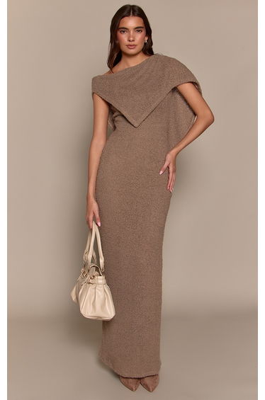 Taupe Textured Cape Detail Sleeveless Maxi Dress