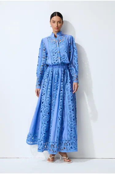Perfectly Poised Blue Long Sleeve Lace Shirt & Skirt Set