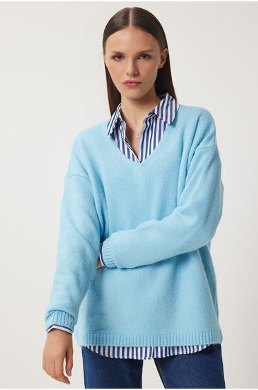 Women's Light Blue V-Neck Knitwear Sweater