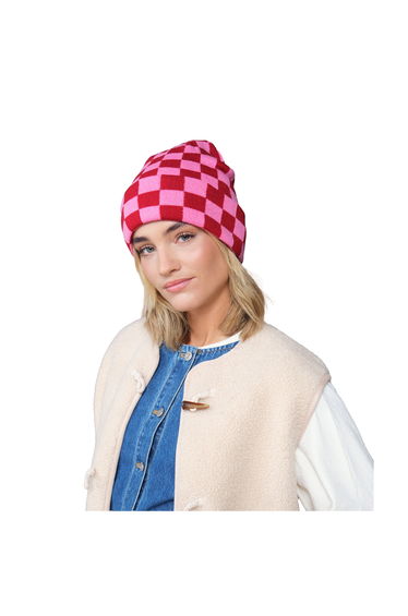 Beechfield Checkerboard Beanie - Classic Red/True Pink
