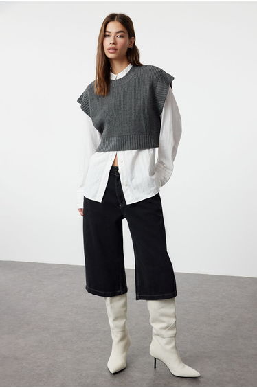 Anthracite Crop Crew Neck Knitwear Sweater