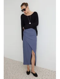 Indigo Double-Breasted Textured Midi Skirt with Gathered/Draped Detail - 1