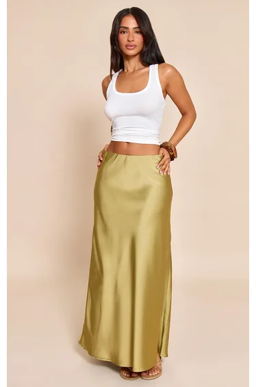 Petite Khaki Satin Flowy Maxi Skirt