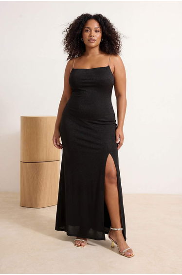 Black Lined Glitter Knitted Long Stylish Plus Size Evening Gown Night Graduation Dress