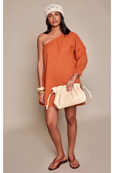 Burnt Orange Linen Look One Shoulder Shift Dress