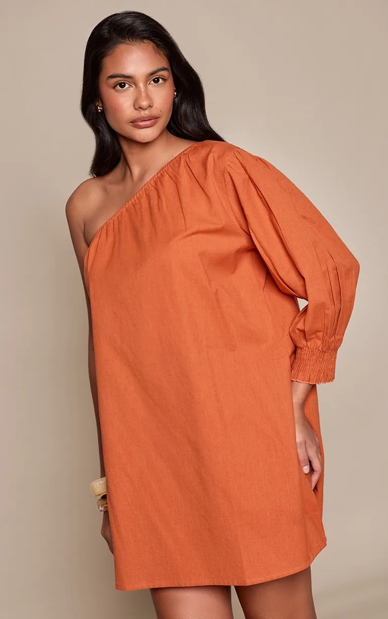 burnt orange linen dress Left An Impression Burnt Orange Linen Blend Off The Shoulder Mini Dress