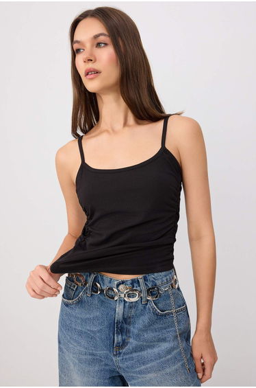 Black Fitted/Body-Fitting Pool Neck Sleeveless Gathered Cotton Stretch Knitted Undershirt