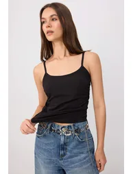 Black Fitted/Body-Fitting Pool Neck Sleeveless Gathered Cotton Stretch Knitted Undershirt