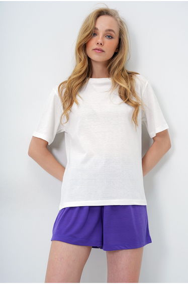 Women's Purple Cotton Basic T-Shirt and Tie-Up Shorts Combed Cotton Bottom Top Set